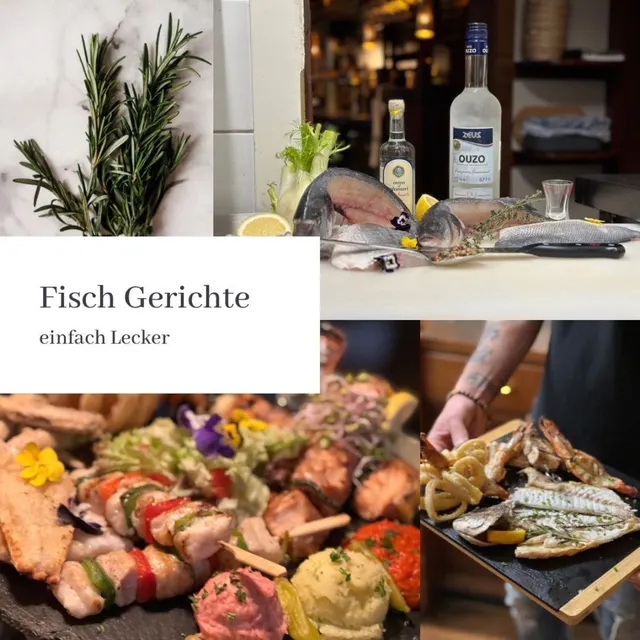 Frische Fischgerichte mit Ouzo und Rosmarin auf servierten Fischplatten
